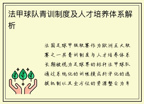 法甲球队青训制度及人才培养体系解析