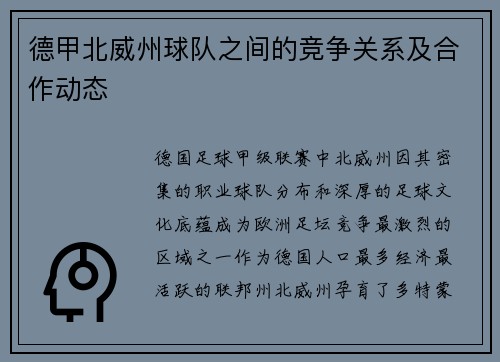 德甲北威州球队之间的竞争关系及合作动态